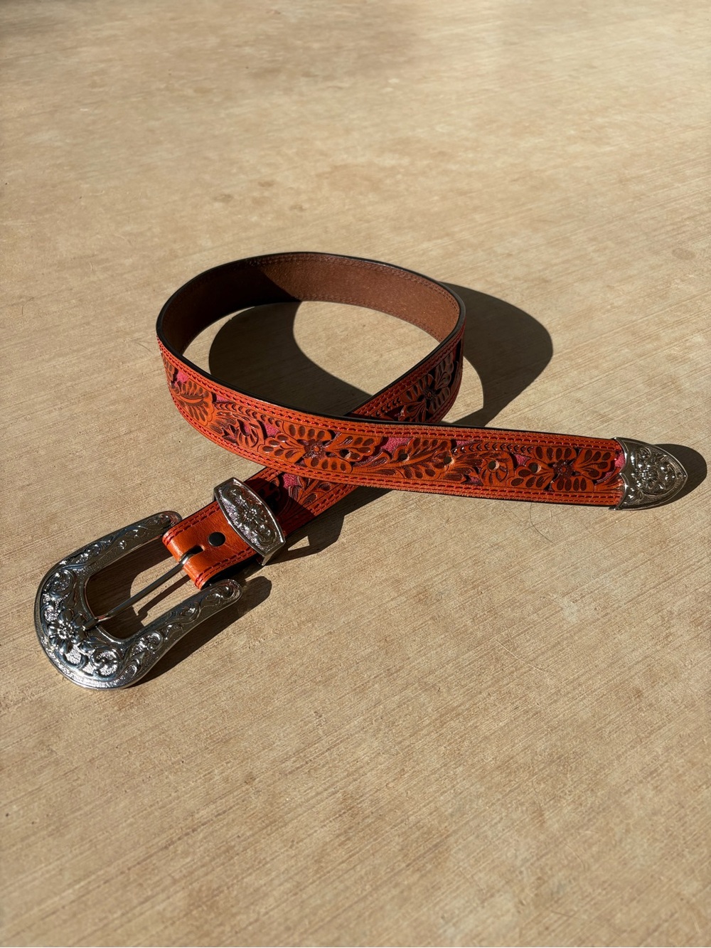 Genuine Western Leather Brown Belt with Red Inlay
